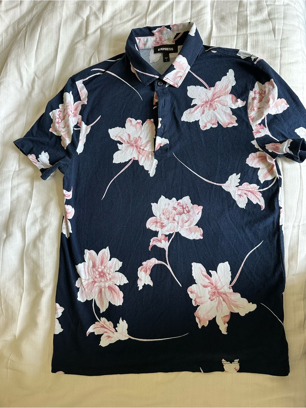 Express Navy Polo with Pink Floral Design